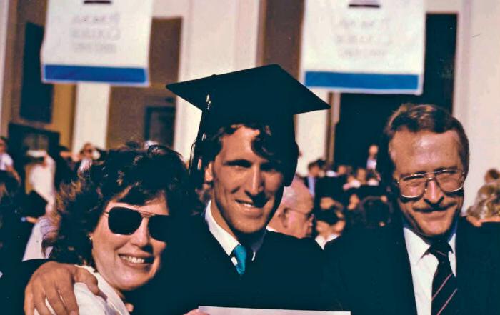 Strom with parents at Pomona graduation, 1988